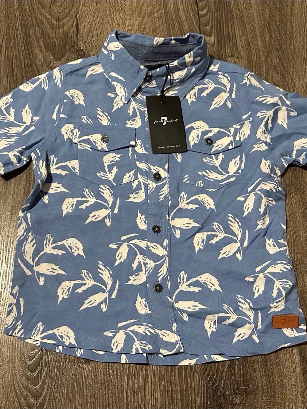 2t Boys 7 For All Mankind Blue Short-Sleeve Button-Down Shirt White Leaf Print